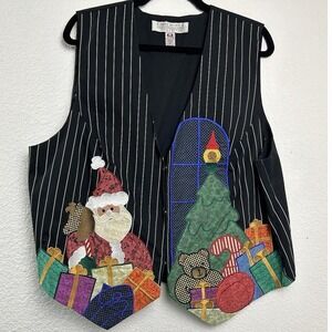 Karen Scott II Santa Applique Vest 1X Black Pinstripe Christmas‎ Kitschy Retro